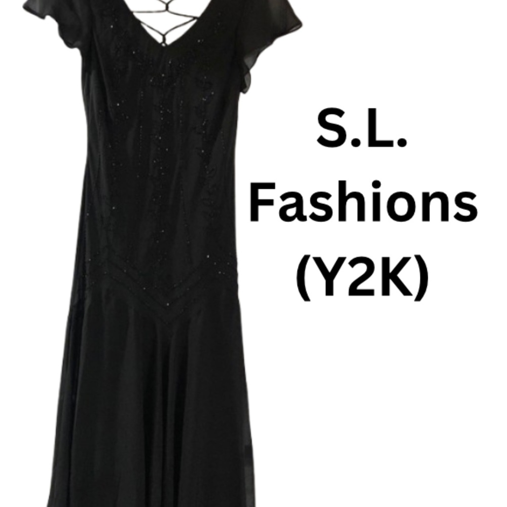 S.L. Fashions Vintage Y2K black beaded evening dress, size 10